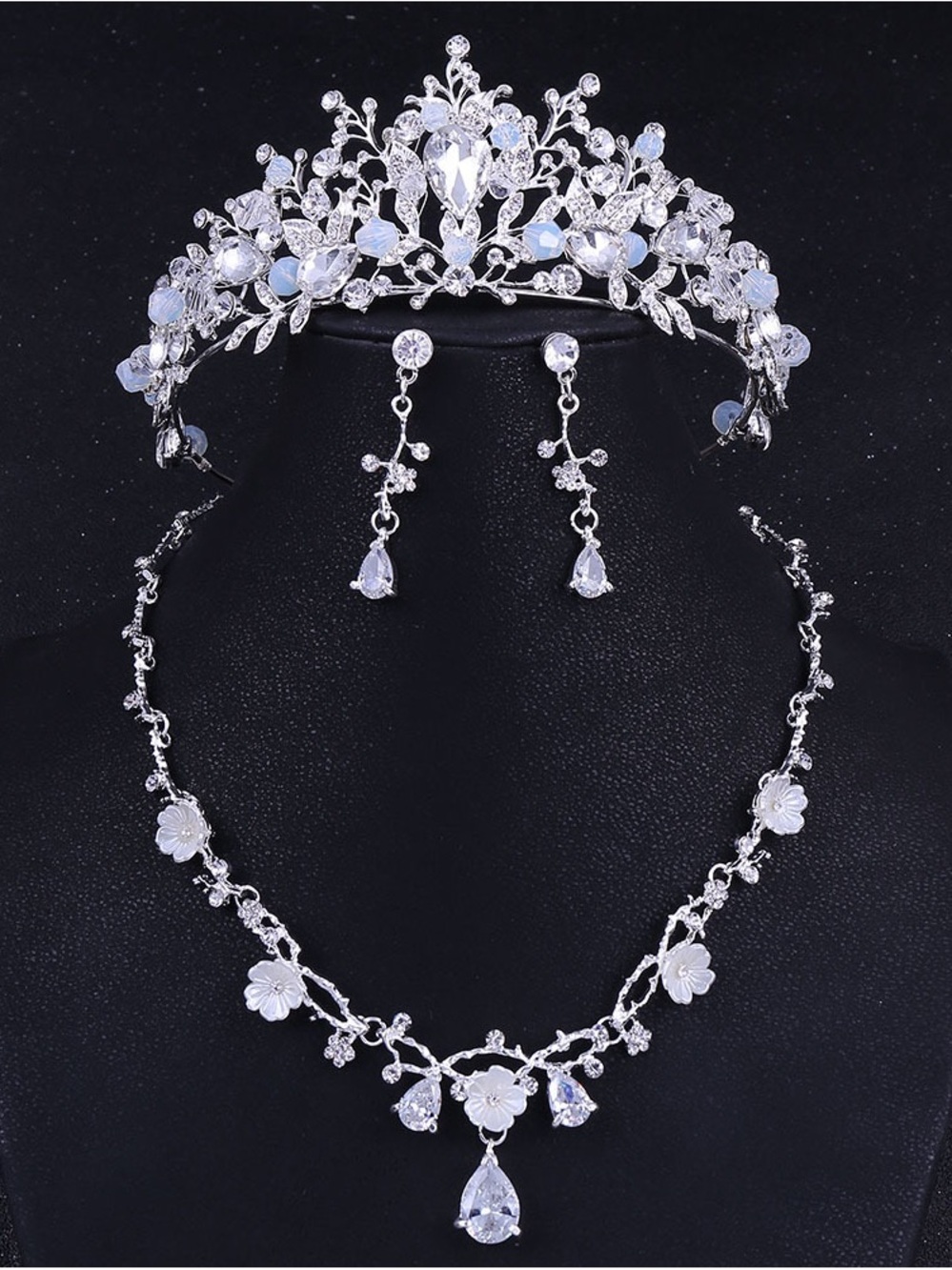 Elegant Silver Crystal Tiara Necklace and Earring Set - White